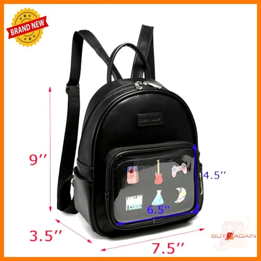 Clear Window Ita Backpack for Anime Pins Display, Vegan Leather, 11.5x8x1 Inches